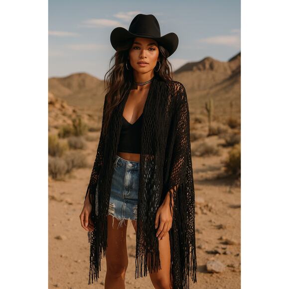 Mesh Crochet Fringe Shawl Open Knit Duster Blck Western Grunge Boho Y2K Festival - Picture 1 of 5